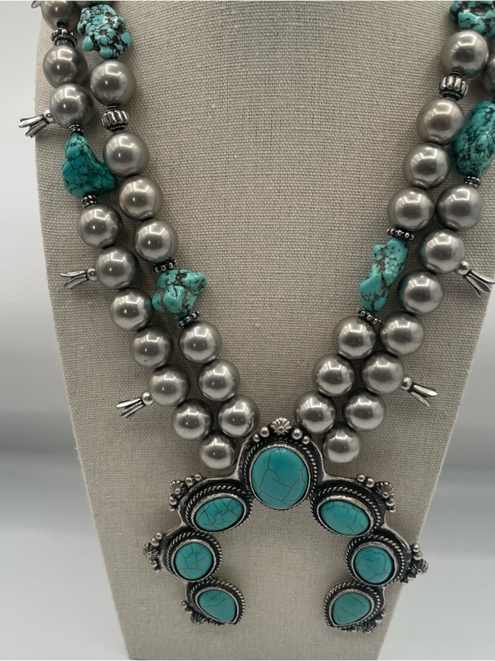 Chico's Faux Turquoise and Silver Bead Squash Blossom Necklace